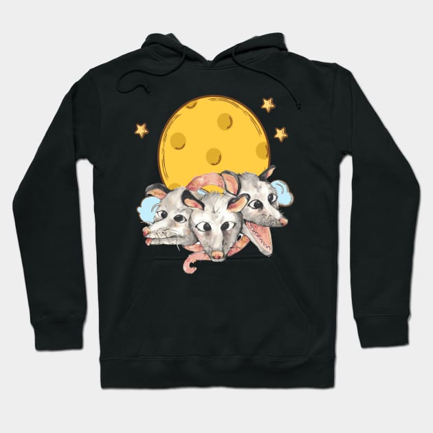 Three Opossums Howling at the Moon Funny Possum 3 Opossum Hoodie by M-HO design